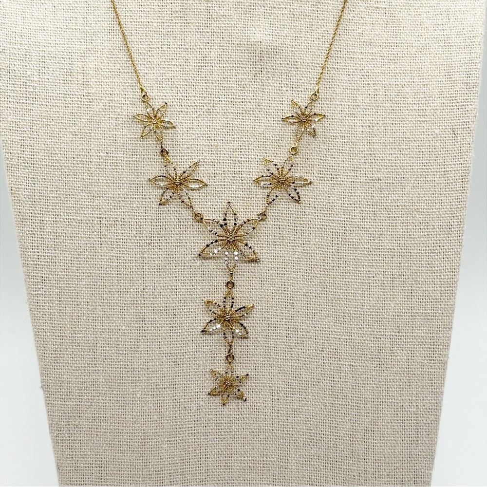 14k yellow and white gold flower Y necklace delicate